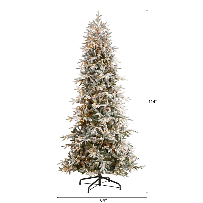 9.5’ Flocked Manchester Spruce Artificial Christmas Tree With 650 Lights And 1733 Bendable Branches