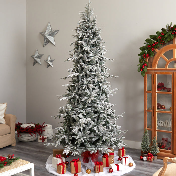 9.5’ Flocked Manchester Spruce Artificial Christmas Tree With 650 Lights And 1733 Bendable Branches