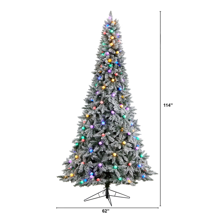 9.5' Flocked British Columbia Mountain Fir Tree With 150 Multi Color Globe Bulbs And 2297 Branches