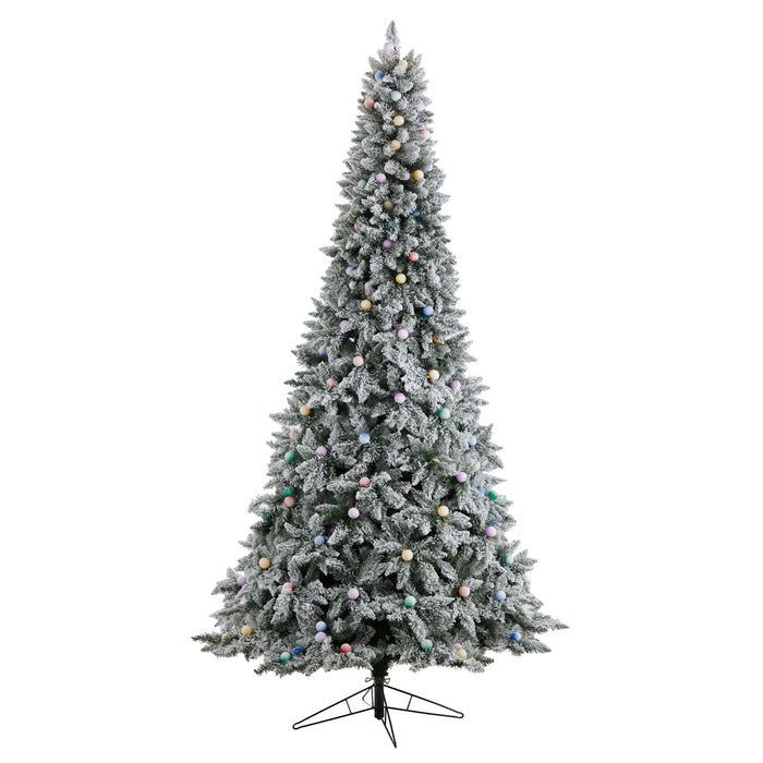 9.5' Flocked British Columbia Mountain Fir Tree With 150 Multi Color Globe Bulbs And 2297 Branches
