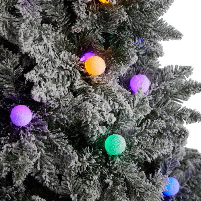 9.5' Flocked British Columbia Mountain Fir Tree With 150 Multi Color Globe Bulbs And 2297 Branches