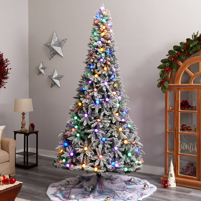 9.5' Flocked British Columbia Mountain Fir Tree With 150 Multi Color Globe Bulbs And 2297 Branches