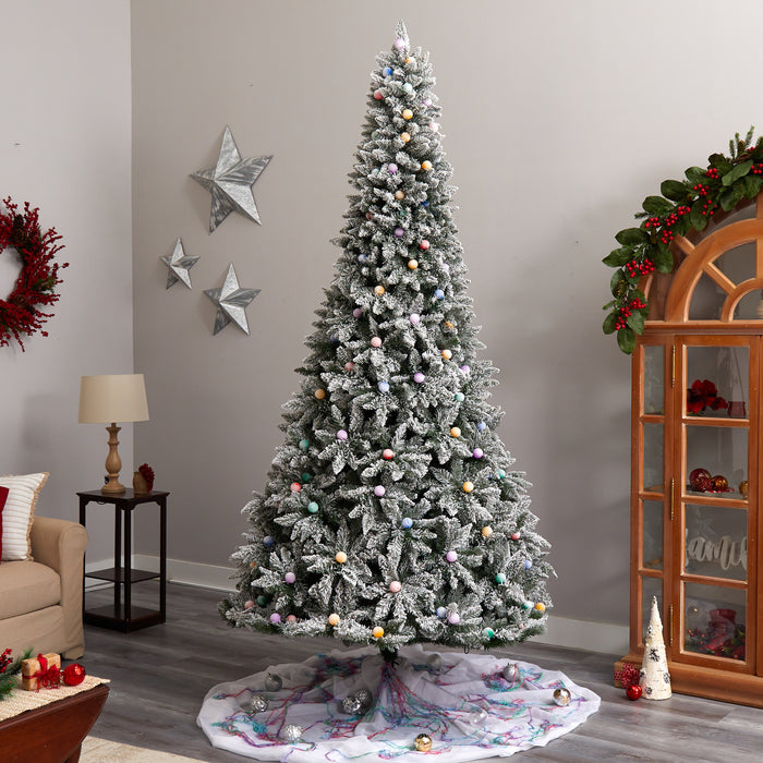 9.5' Flocked British Columbia Mountain Fir Tree With 150 Multi Color Globe Bulbs And 2297 Branches