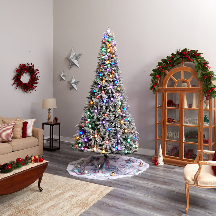 9.5' Flocked British Columbia Mountain Fir Tree With 150 Multi Color Globe Bulbs And 2297 Branches
