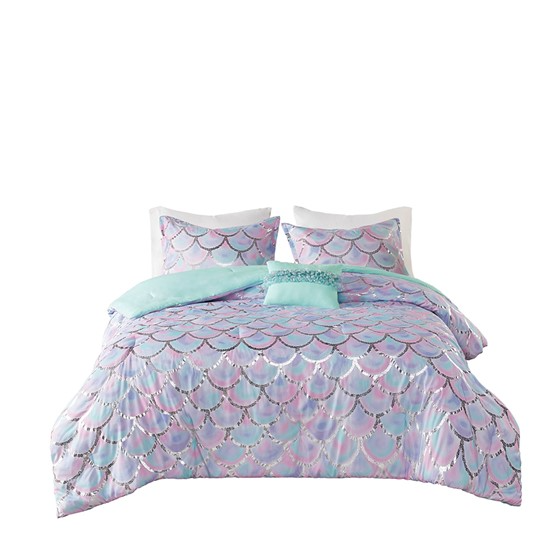 Pearl Metallic Printed Reversible Comforter Set (Aqua/Purple)