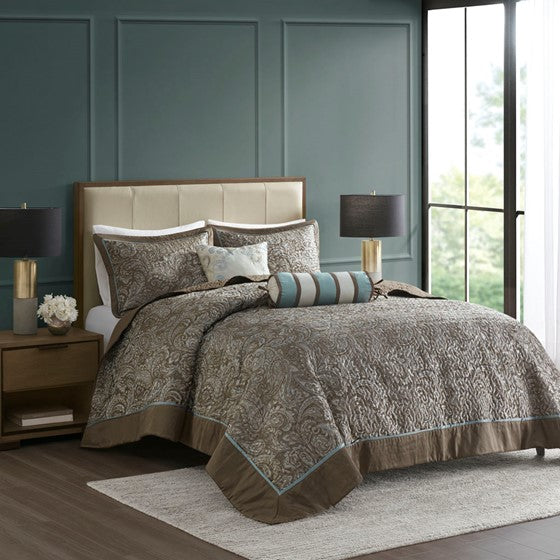 Aubrey 5 Piece Reversible Jacquard Bedspread Set (Blue/Brown)