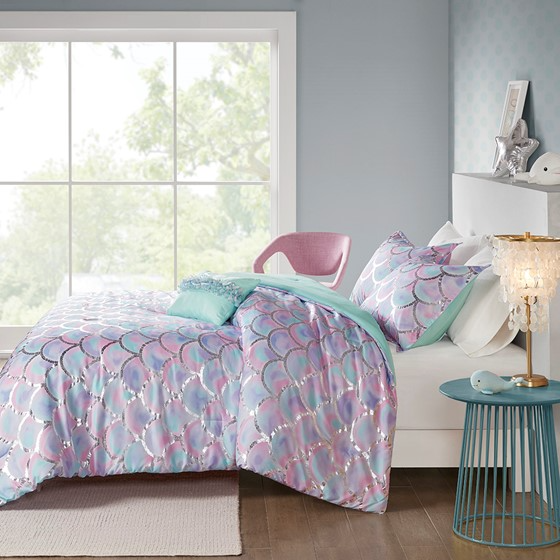 Pearl Metallic Printed Reversible Comforter Set (Aqua/Purple)