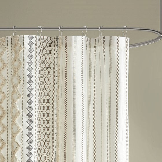Imani Cotton Printed Shower Curtain with Chenille (Ivory)