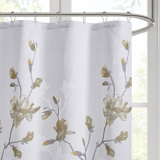 Magnolia Floral Printed Burnout Shower Curtain (Yellow)