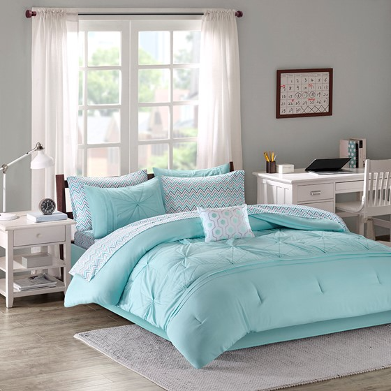 Toren Embroidered Comforter Set with Bed Sheets (Aqua)