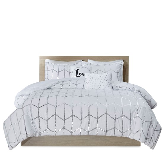 Raina Metallic Printed Comforter Set (White/Silver)
