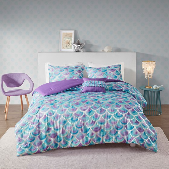Pearl Metallic Printed Reversible Comforter Set (Teal/Purple)