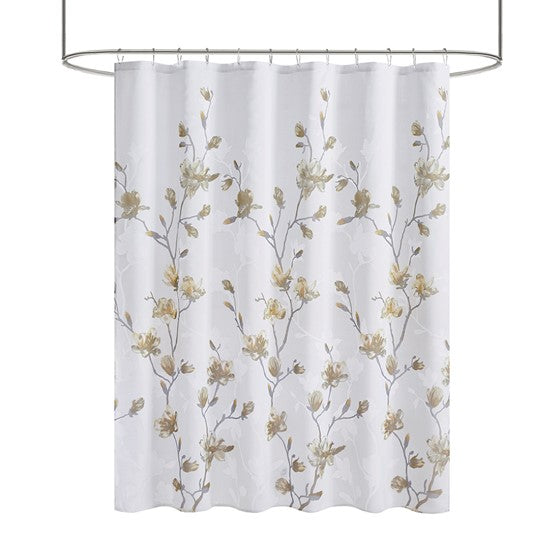 Magnolia Floral Printed Burnout Shower Curtain (Yellow)