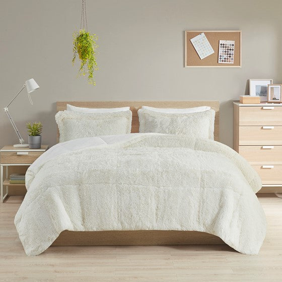Malea Shaggy Faux Fur Comforter Mini Set (Ivory) (ETA 3/15/23)