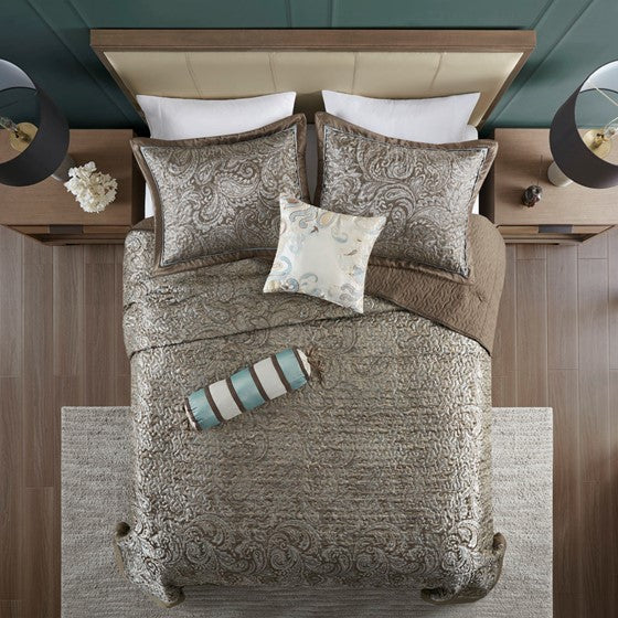 Aubrey 5 Piece Reversible Jacquard Bedspread Set (Blue/Brown)