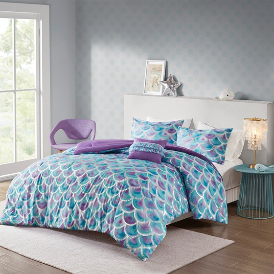 Pearl Metallic Printed Reversible Comforter Set (Teal/Purple)