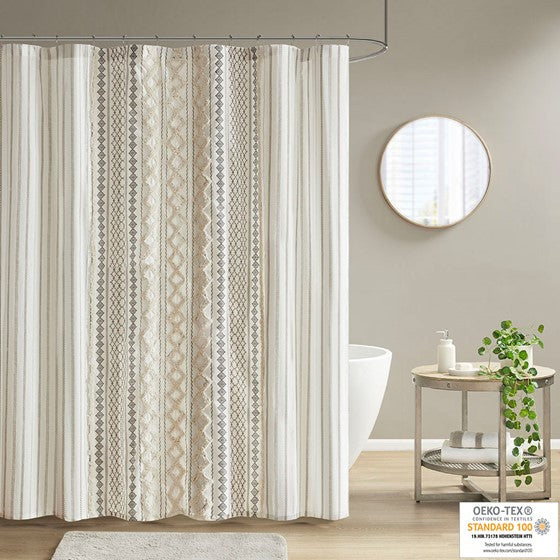 Imani Cotton Printed Shower Curtain with Chenille (Ivory)