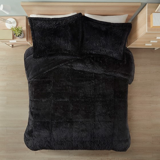 Malea Shaggy Faux Fur Comforter Mini Set (Black)
