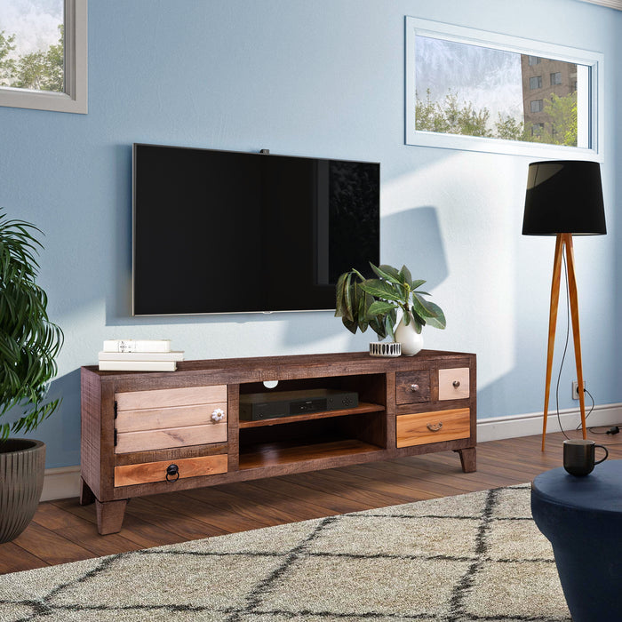 DunaWest 57 Inch 4 Drawer Media Console Cabinet with 1 Door and 2 Open Compartments, Brown