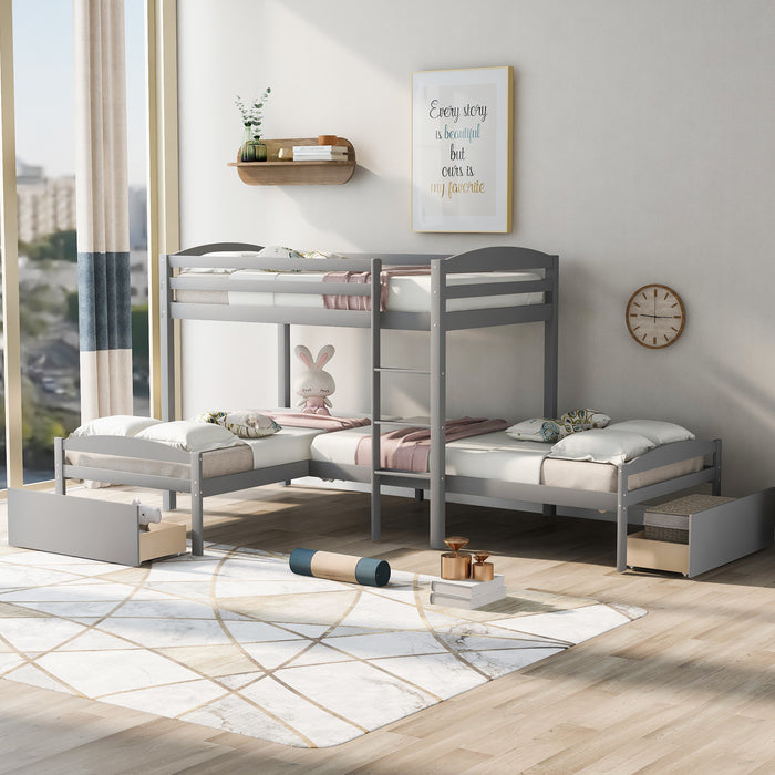 Twin Over Twin L-shaped Bunk Bed with Two Drawers, Pine Wood Bed Frame