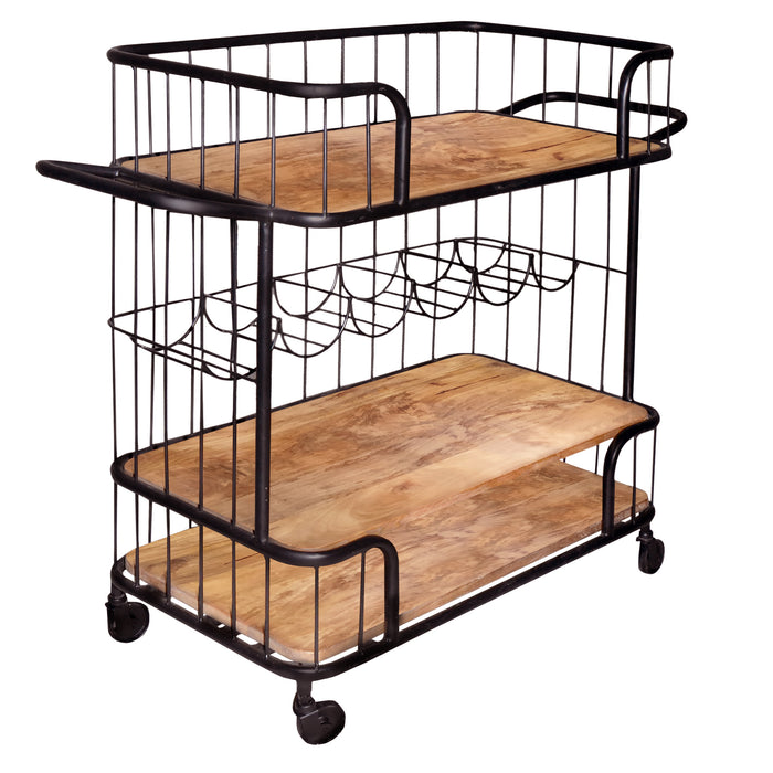 Metal Frame Bar Cart with Wooden Top and 2 Shelves; Black and Brown; DunaWest