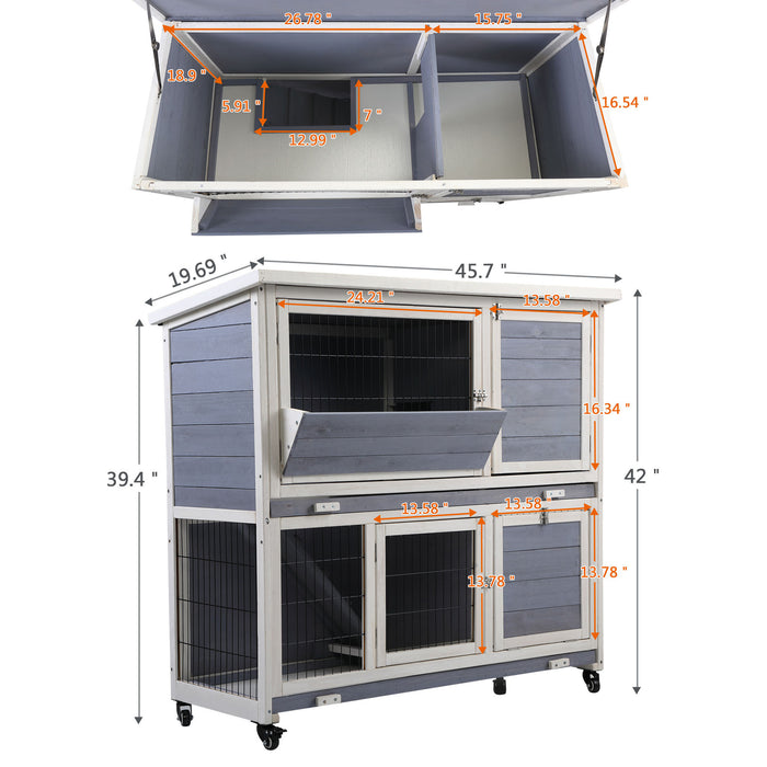 2-Tier Wooden Rabbit Hutch with Wheels, Indoor/Outdoor Pet House with Removable Tray - Gray and White