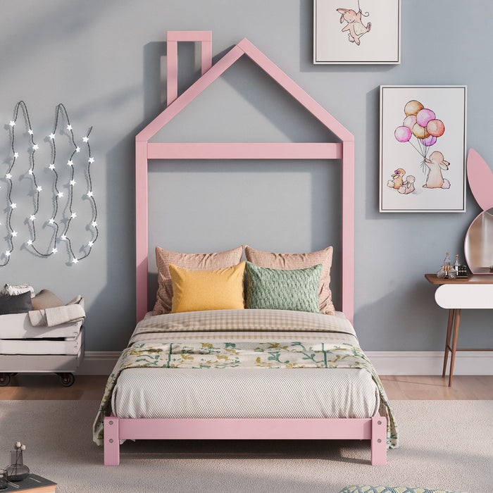 Twin Size Wood Platform Bed with House-shaped Headboard