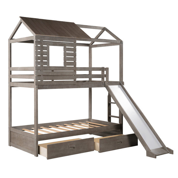 Twin Over Twin Bunk Bed with Two Storage Drawers and Slide, House-Shaped Wood Bunk Bed