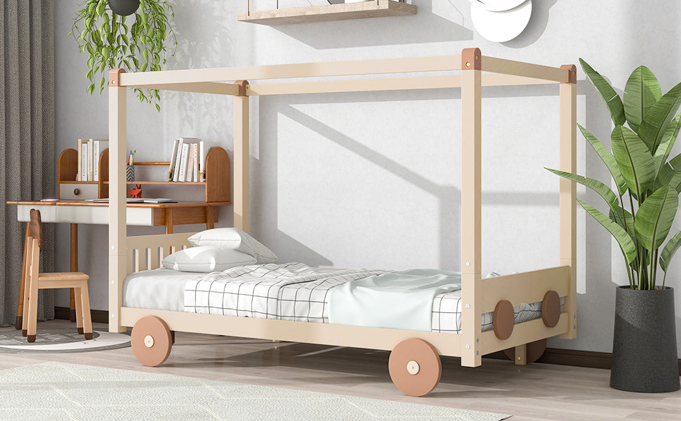 New Space Natural Twin Size Canopy Car-Shaped Platform Bed