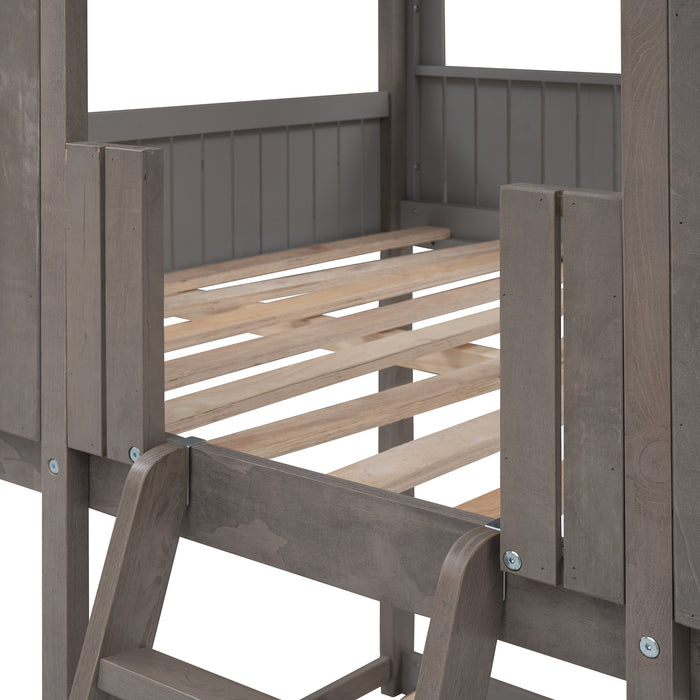 New Space Full Over Full Wood Bunk Bed with Roof Window