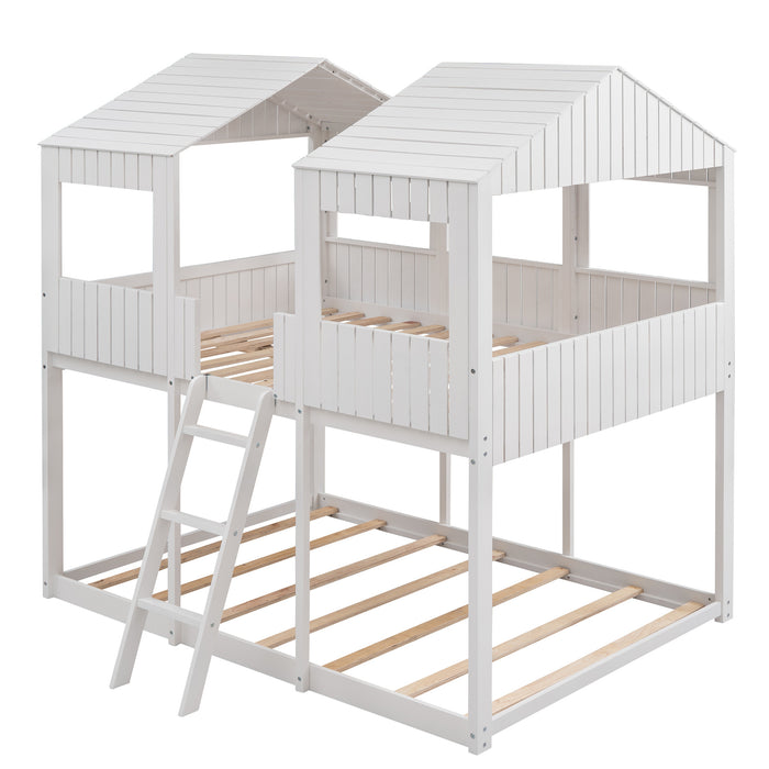 New Space Full Over Full Wood Bunk Bed with Roof Window