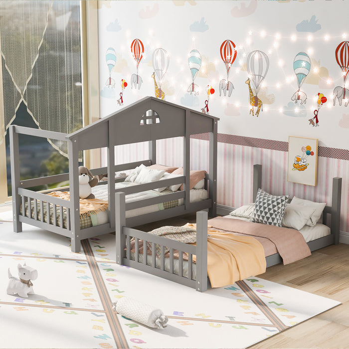 MyRoom Twin Over Twin House Bunk Bed With Convertible Slide And Ladder