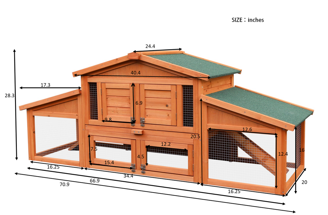 70-Inch Wood Rabbit Hutch Outdoor Pet House Chicken Coop for Small Animals with 2 Run Play Area
