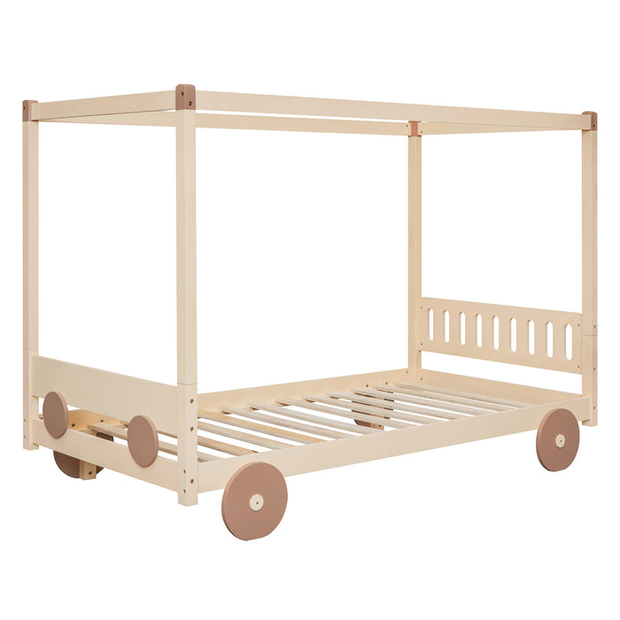 New Space Natural Twin Size Canopy Car-Shaped Platform Bed