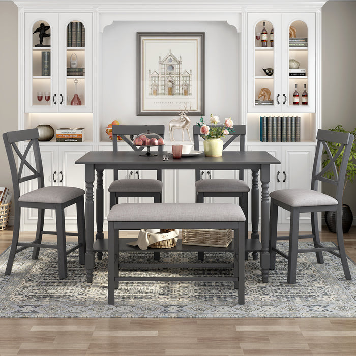 6-Pieces Counter Height Dining Table Set Table with Shelf 4 Chairs and Bench for Dining Room