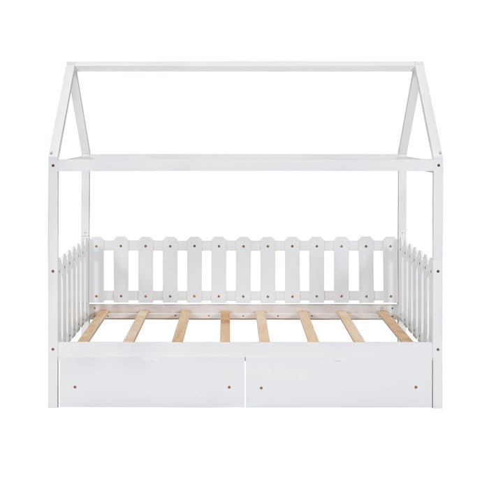 Twin Size House Bed with drawers, Fence-shaped Guardrail, Gray