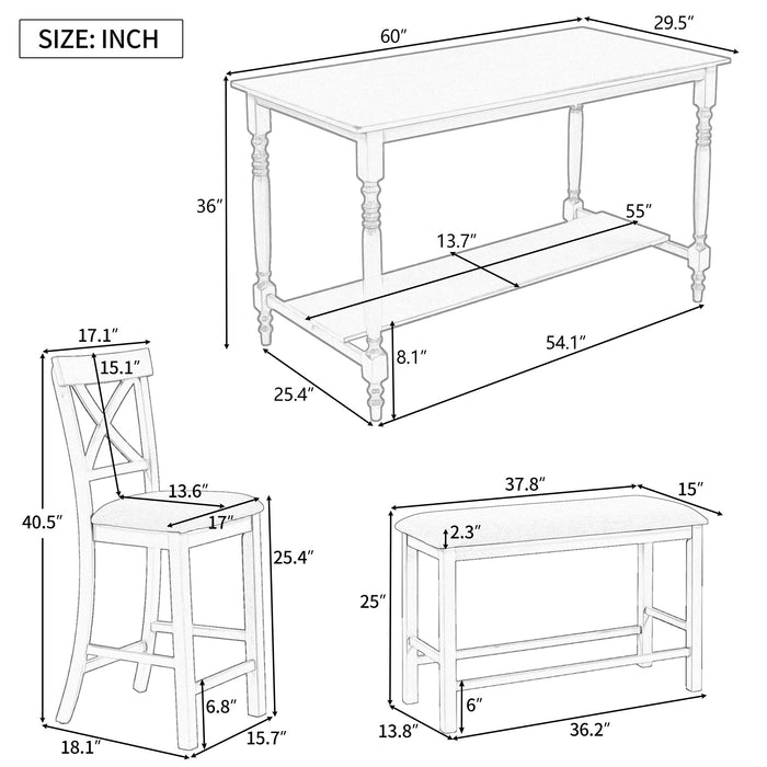 6-Pieces Counter Height Dining Table Set Table with Shelf 4 Chairs and Bench for Dining Room
