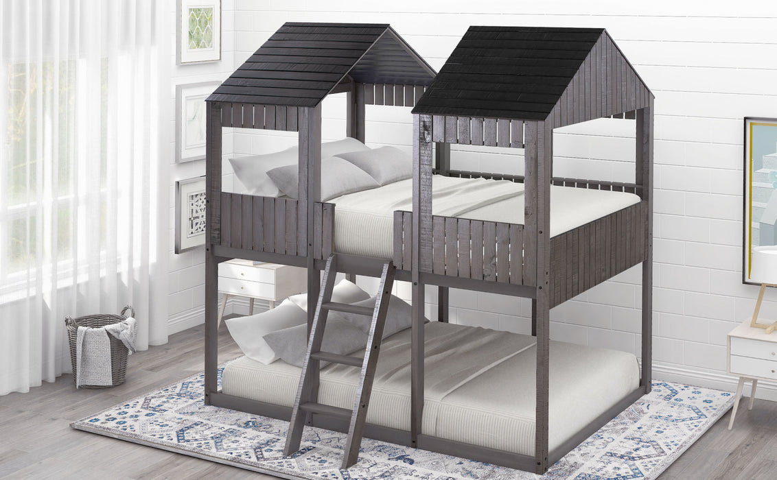 New Space Full Over Full Wood Bunk Bed with Roof Window