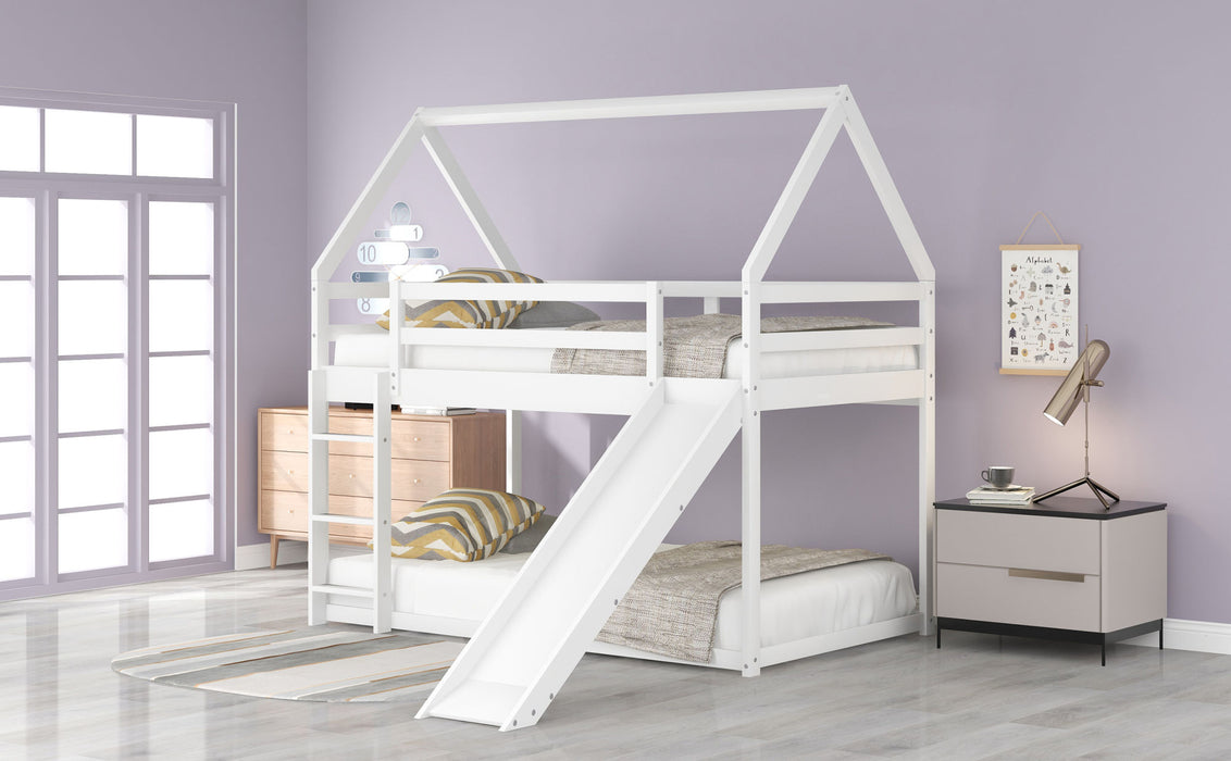 Twin over Twin Low Bunk Bed, House Bed with Ladder , White