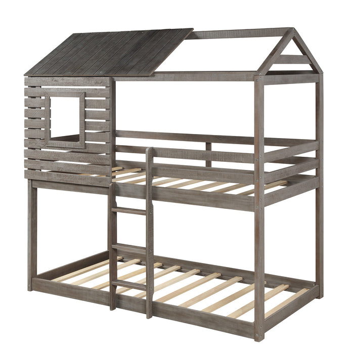 Twin Over Twin Bunk Bed Wood Loft Bed with Roof, Window, Guardrail, Ladder