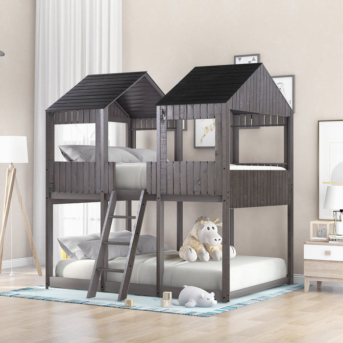 New Space Full Over Full Wood Bunk Bed with Roof Window
