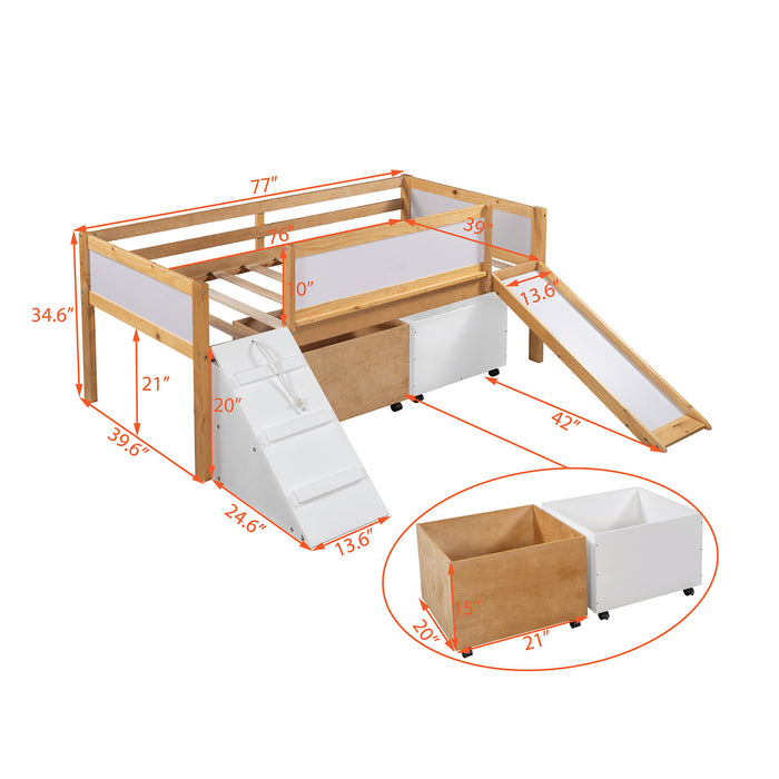 New Space Twin size Low Loft Bed Wooden Bed with Two Storage Boxes