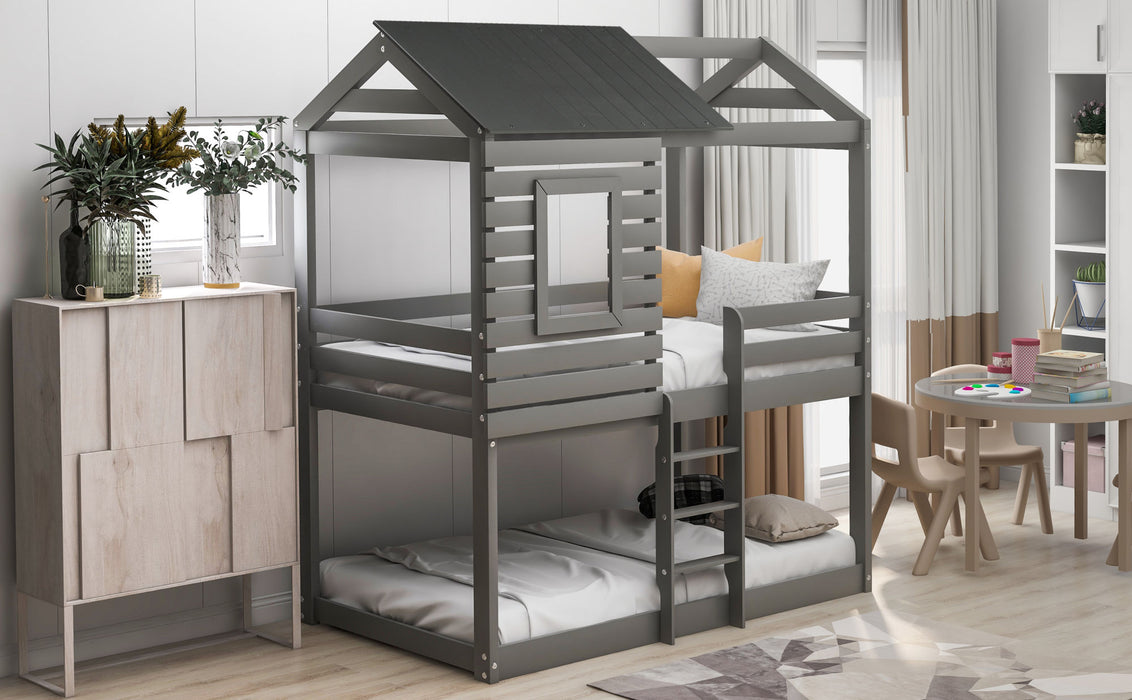Twin Over Twin Bunk Bed Wood Loft Bed with Roof, Window, Guardrail, Ladder