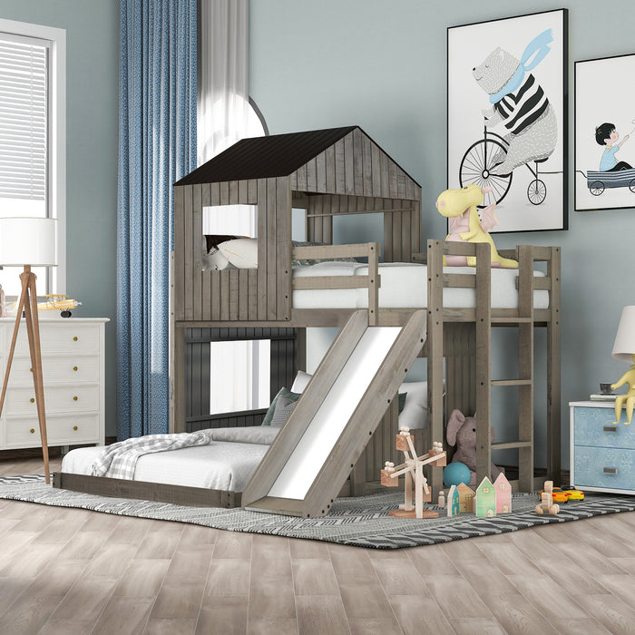 New Space Wooden Twin Over Full Bunk Bed, Loft Bed with Playhouse