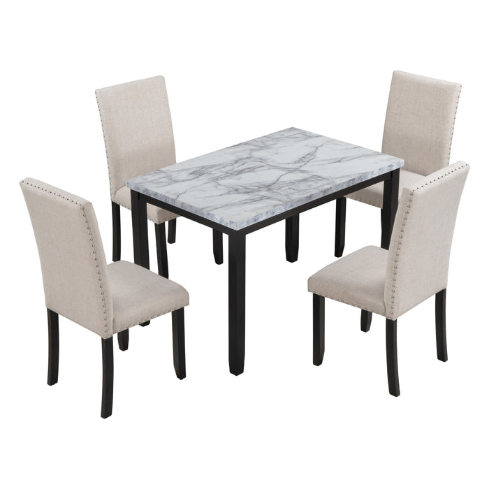 Faux Marble 5-Piece Dining Set Table with 4 Thicken Cushion Dining Chairs Home Furniture, White/Beige+Black