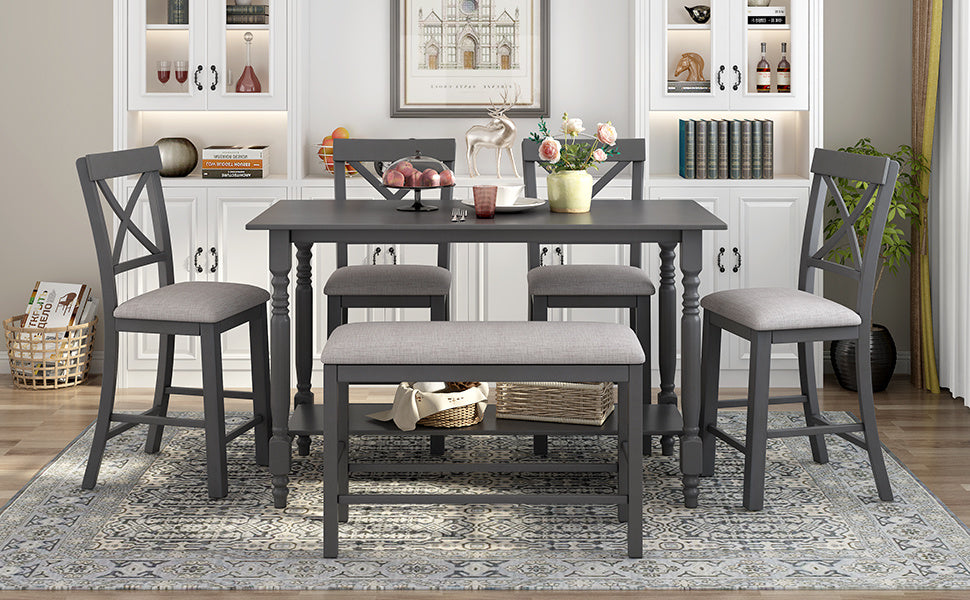 6-Pieces Counter Height Dining Table Set Table with Shelf 4 Chairs and Bench for Dining Room