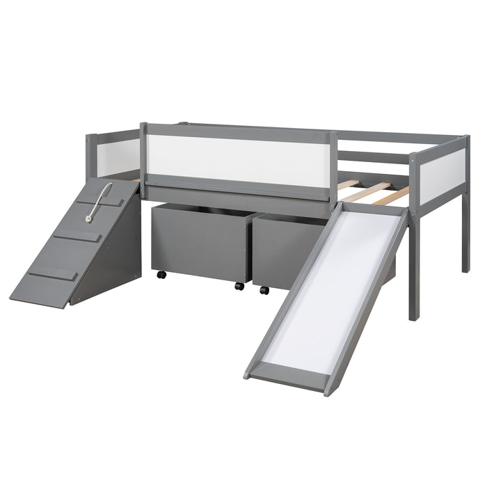 New Space Twin size Low Loft Bed Wooden Bed with Two Storage Boxes