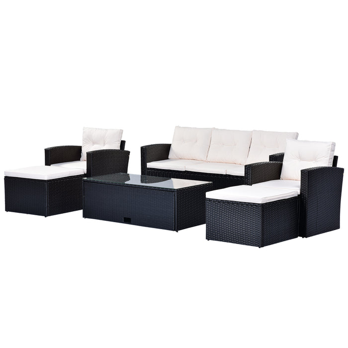 6-piece All-Weather Wicker PE rattan Patio Outdoor Dining Conversation Sectional Set with coffee table, wicker sofas, ottomans, removable cushions