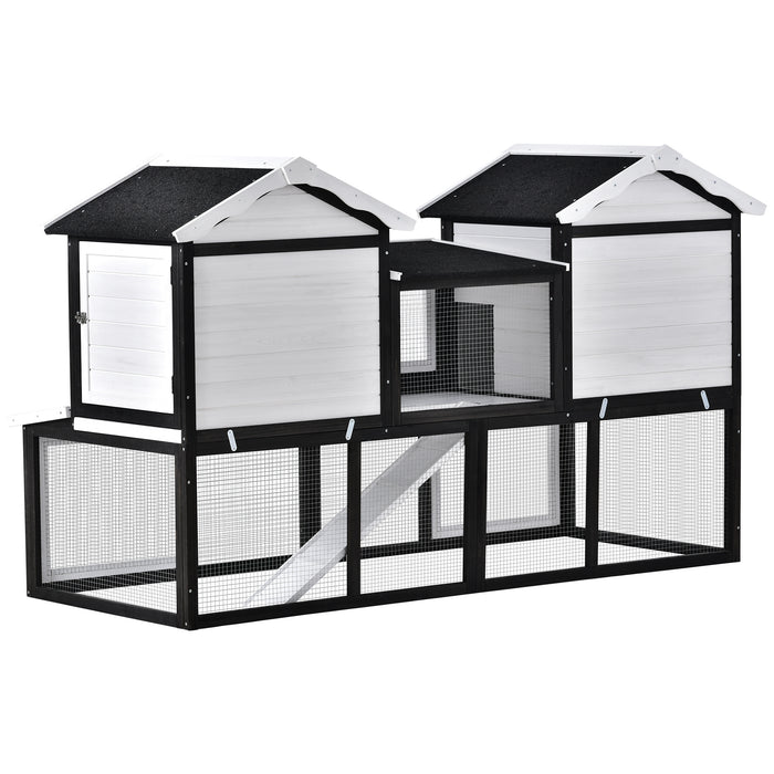 GO 80.3' Large Luxury Rabbit Hutch, Chicken Coop with Wavy Roof Decorative Strip Asphalt Slab Roof Barbed Wire Acrylic Hold 8 Rabbits, White and Black