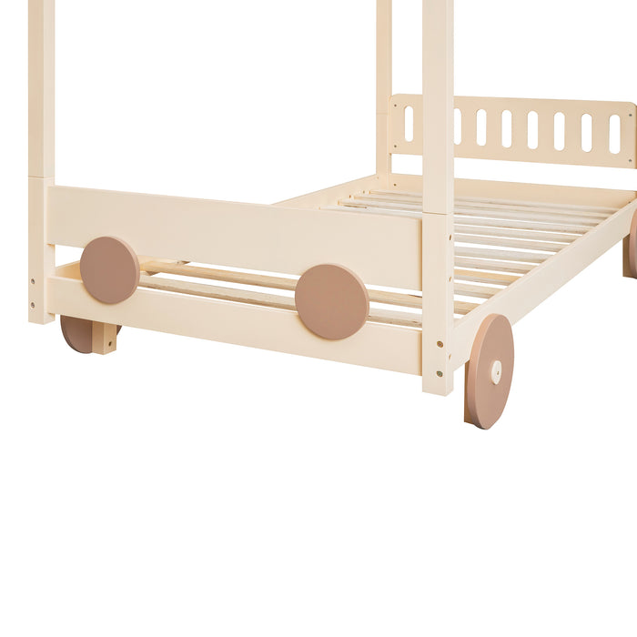 New Space Natural Twin Size Canopy Car-Shaped Platform Bed